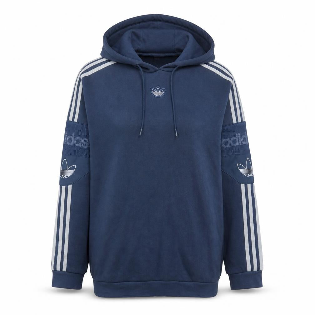 Front view of Adidas women’s blue pullover hoodie medium logo classic 3-stripes