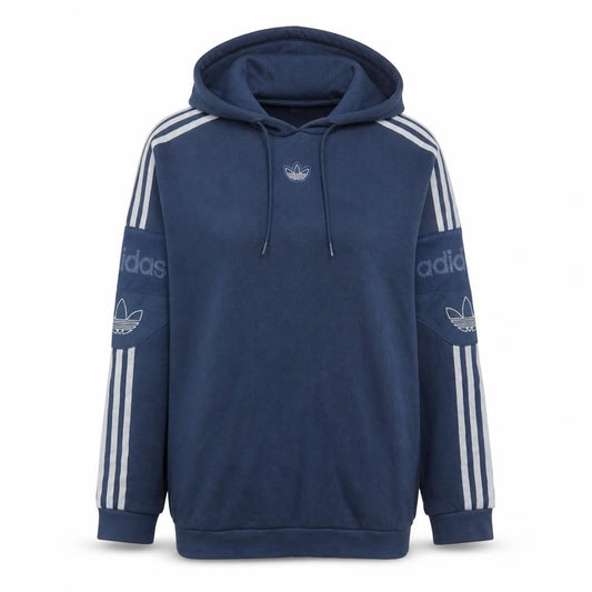 Front view of Adidas women’s blue pullover hoodie medium logo classic 3-stripes