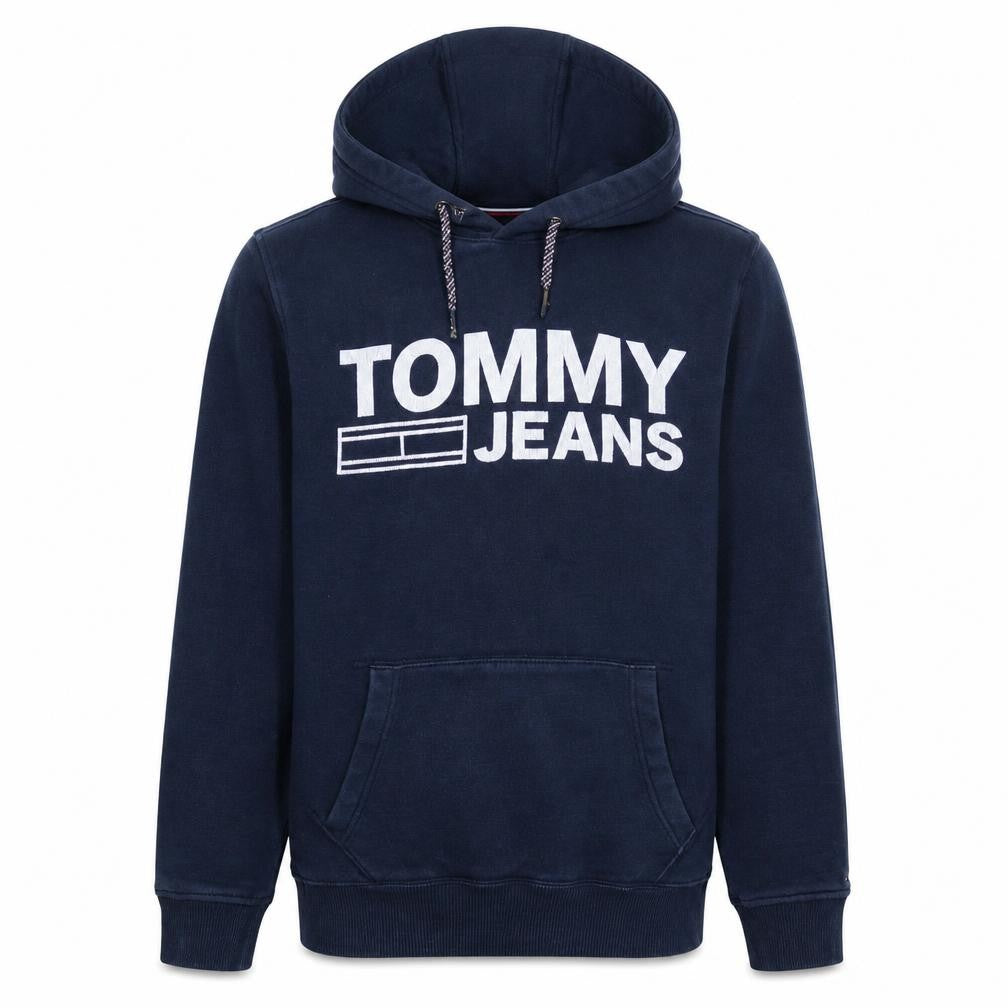 Front view of Tommy Hilfiger men’s navy hoodie small pullover fleece cotton blend