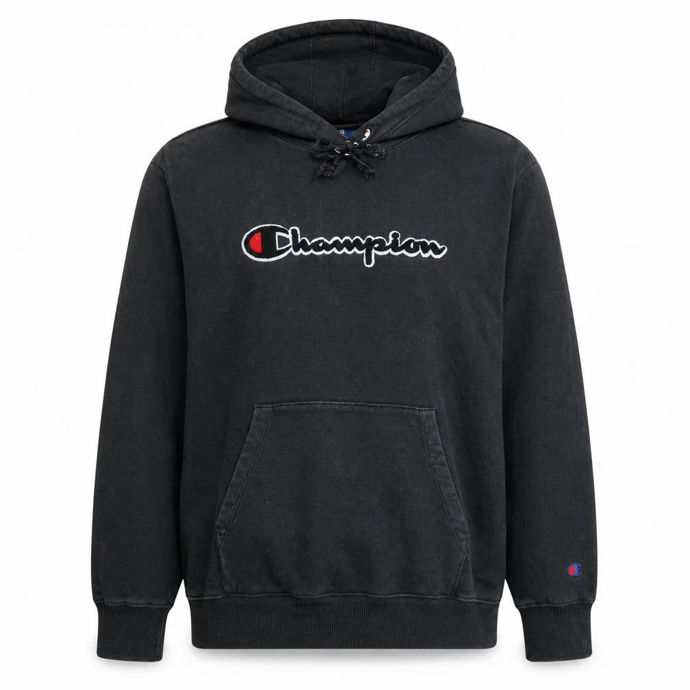 Front view of Champion Men's Black Small Pullover Hoodie Fleece Logo Sweatshirt