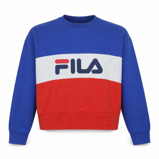 Front view of Fila women’s blue red colourblock crew neck sweatshirt, size S