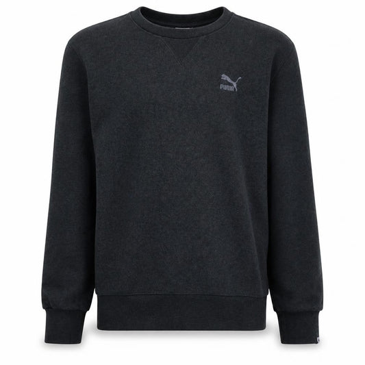 Front view of Puma men’s black crew neck pullover sweatshirt, size M
