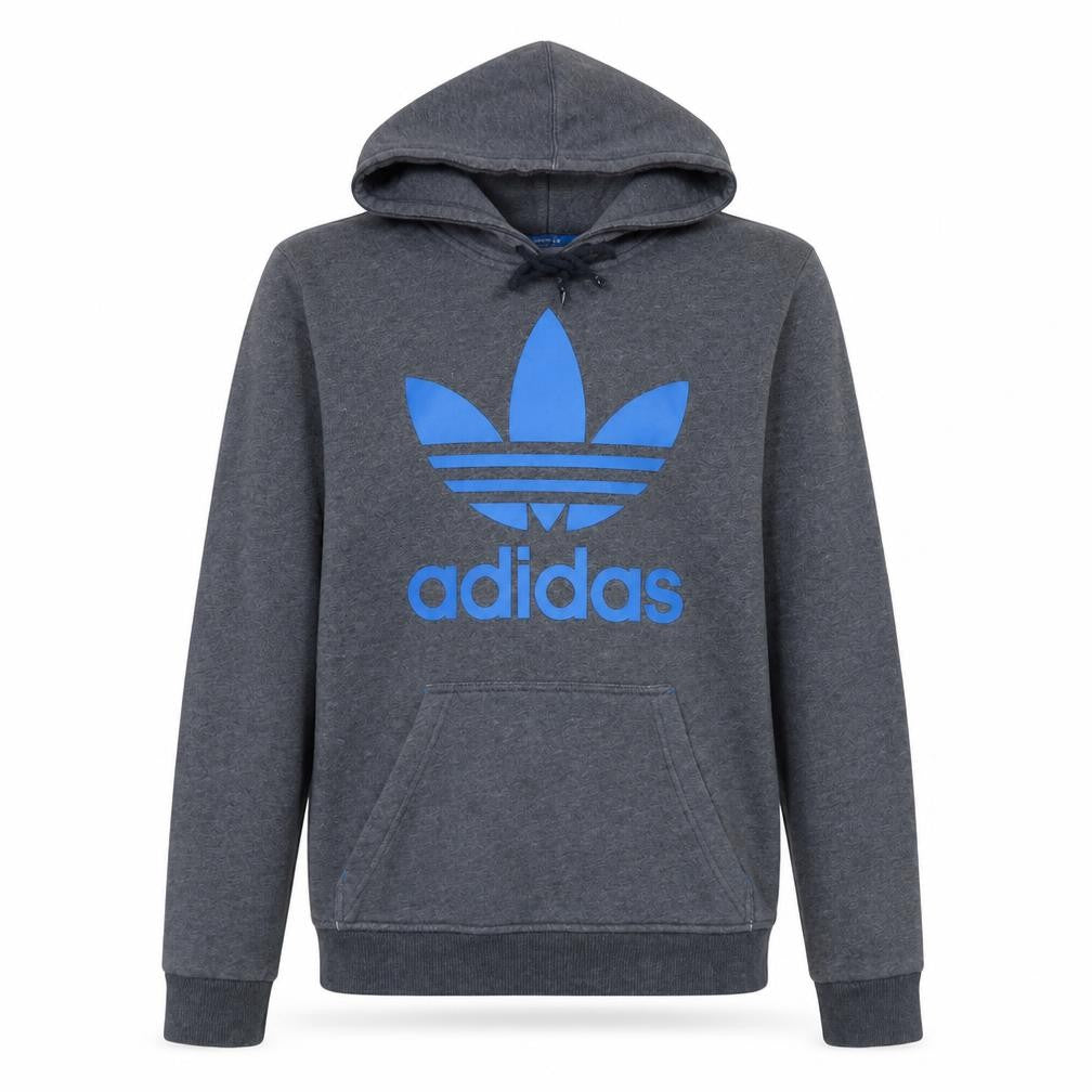 Front view of Adidas Men's Grey Pullover Hoodie Small Logo Fleece Sweatshirt