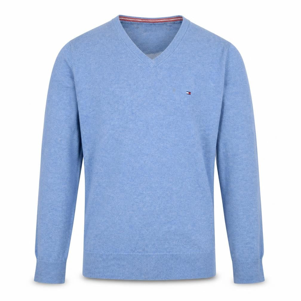 Front view of Tommy Hilfiger Men's Blue Cotton V-Neck Jumper, size S