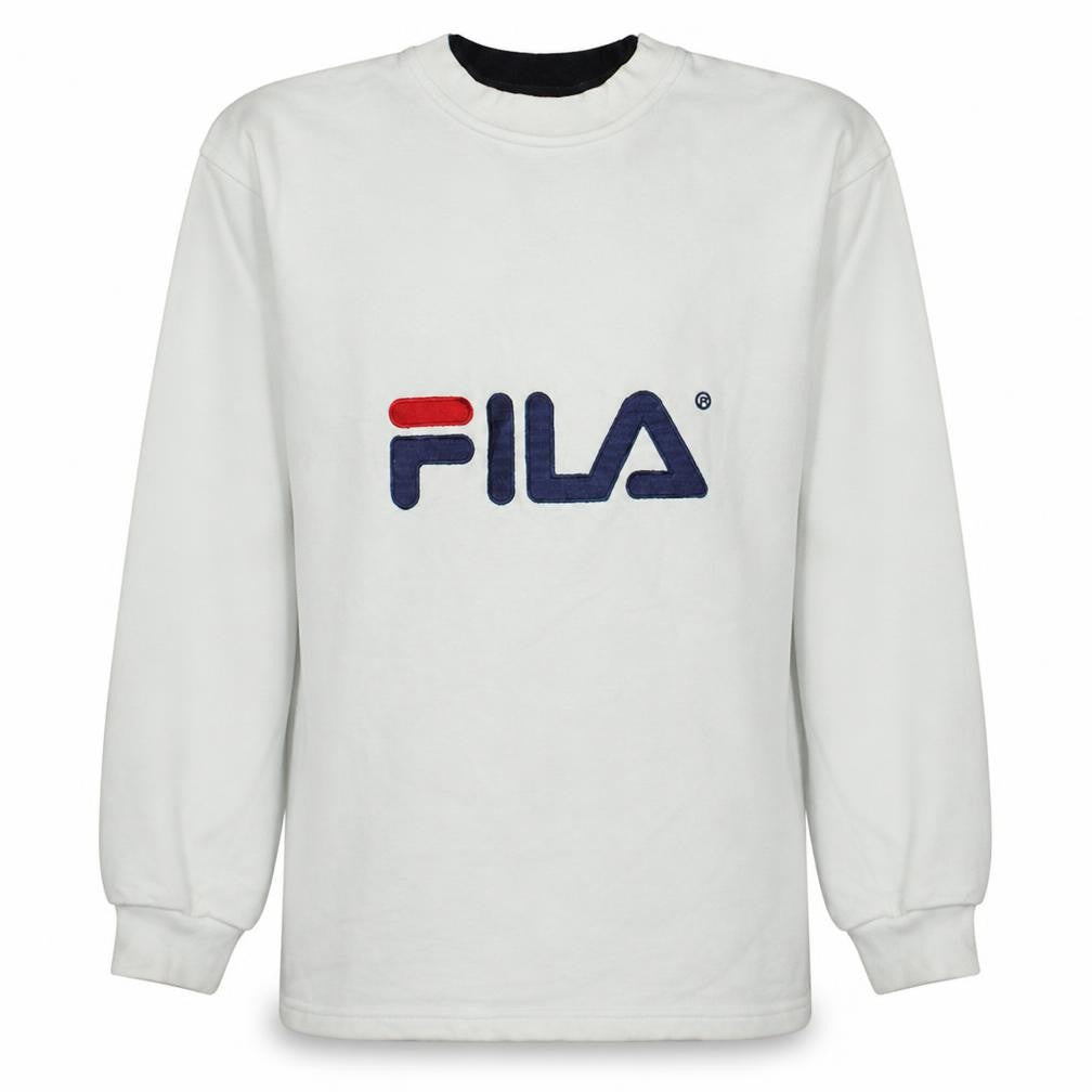 Front view of Fila Men's White Embroidered Logo Pullover Sweatshirt S Vintage