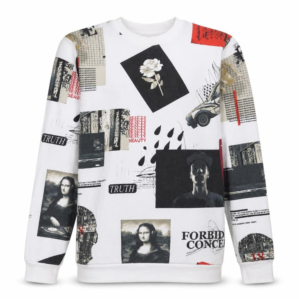 Front view of Cropp Men's White Graphic Art Print Pullover Sweatshirt, size S