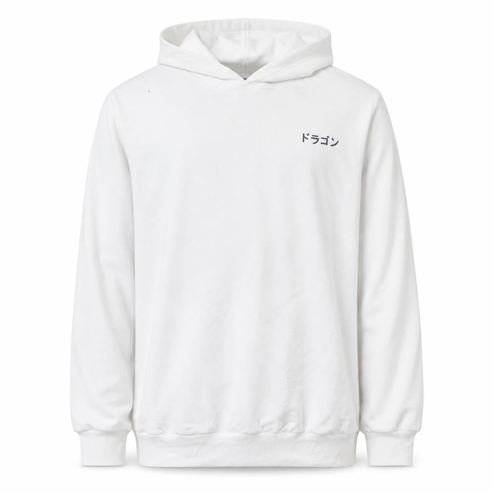 Front view of ROMWE Men's White Dragon Graphic Pullover Hoodie, size S