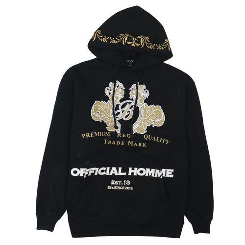 boohooMAN Men's Black XS Pullover Hoodie Graphic Print Embroidered Design