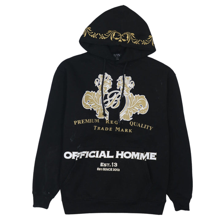 boohooMAN Men's Black XS Pullover Hoodie Graphic Print Embroidered Design
