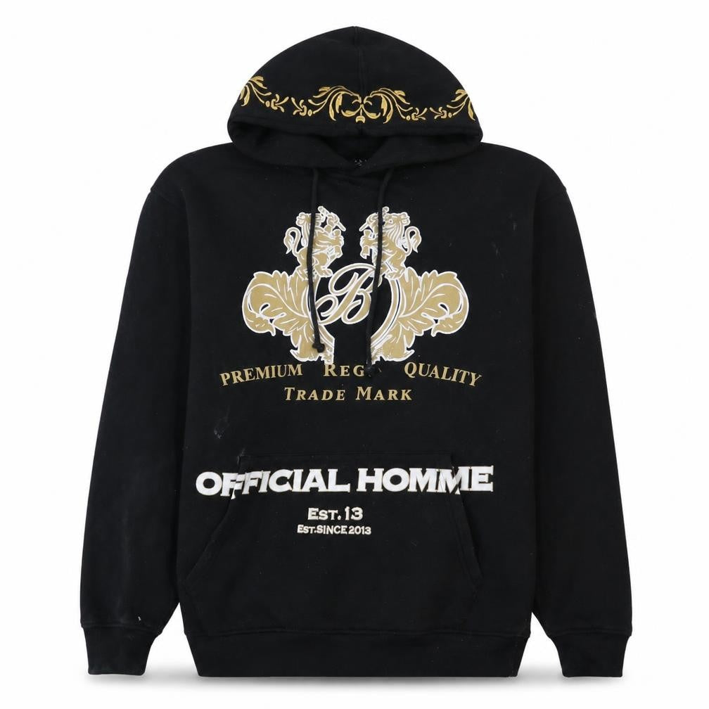 Front view of boohooMAN Men's Black XS Pullover Hoodie Graphic Print Embroidered Design