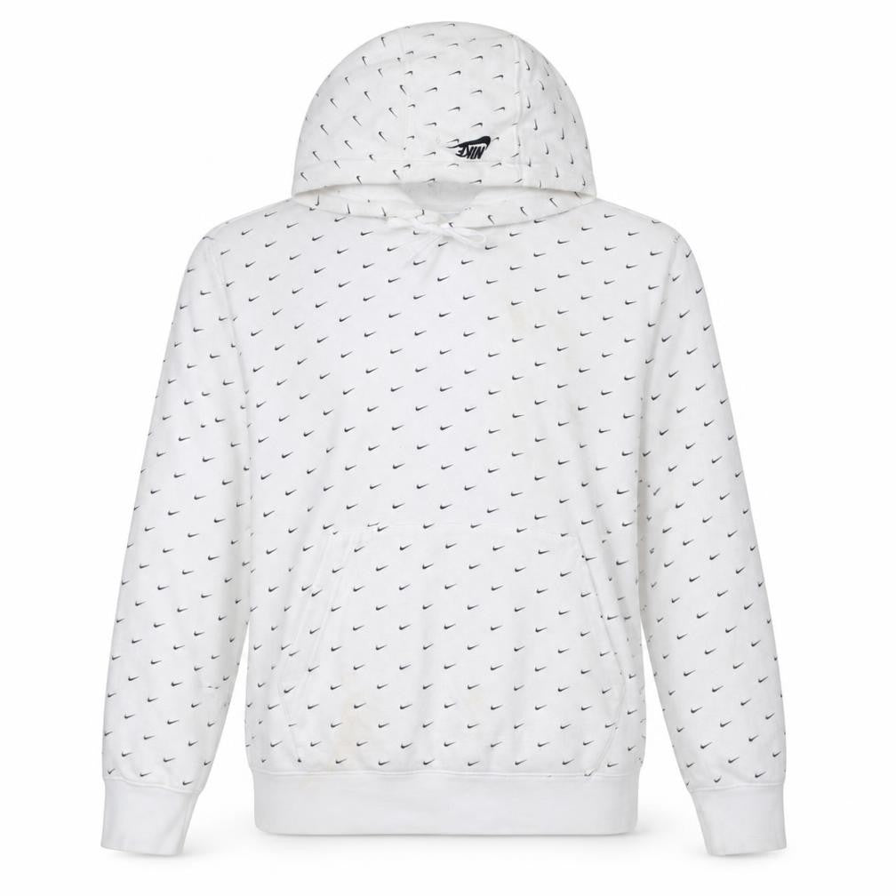 Front view of Nike Men's White Pullover Hoodie, size M, Logo Print Sportswear