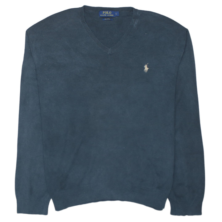Ralph Lauren Men's Blue V-Neck Pima Cotton Pullover Jumper Size L