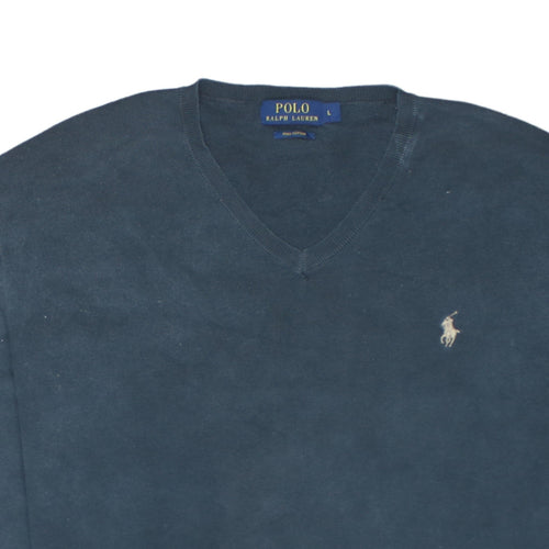 Ralph Lauren Men's Blue V-Neck Pima Cotton Pullover Jumper Size L