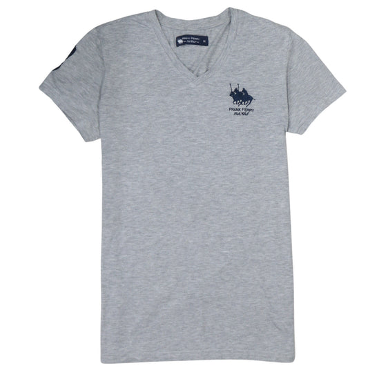 Frank Ferry Men Grey V-Neck Polo Club Embroidered T-Shirt M