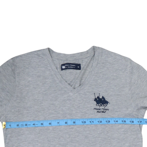 Frank Ferry Men Grey V-Neck Polo Club Embroidered T-Shirt M
