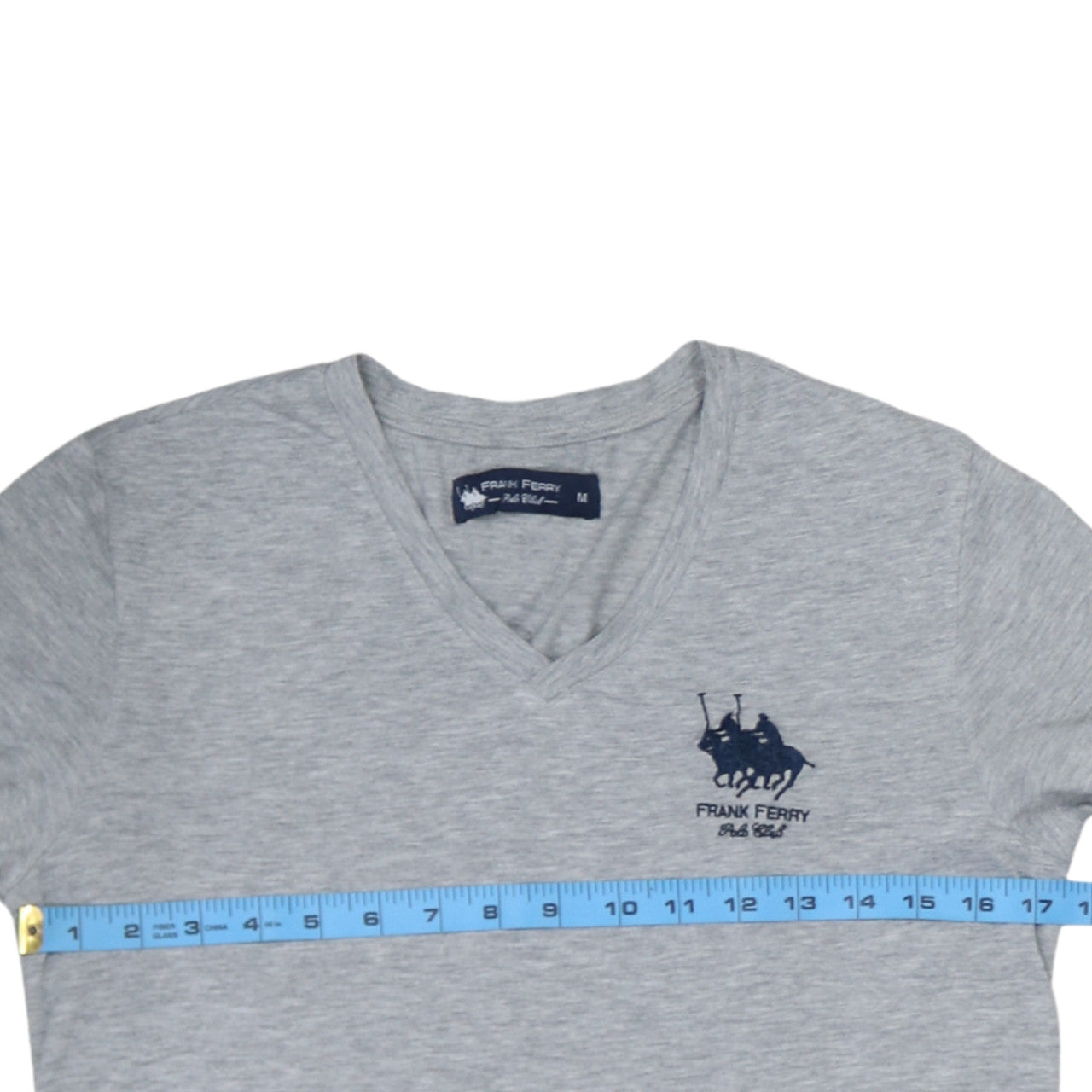 Frank Ferry Men Grey V-Neck Polo Club Embroidered T-Shirt M