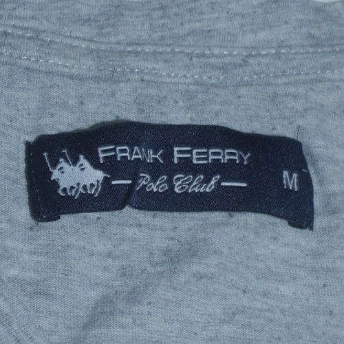 Frank Ferry Men Grey V-Neck Polo Club Embroidered T-Shirt M
