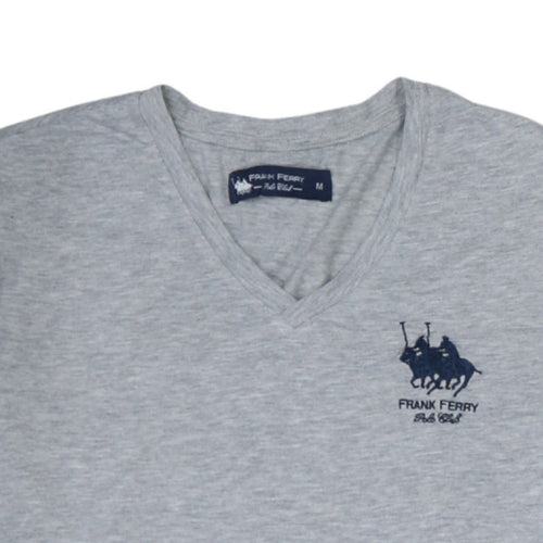 Frank Ferry Men Grey V-Neck Polo Club Embroidered T-Shirt M