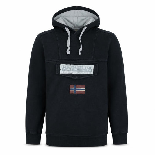 Front view of Napapijri Men's Black Pullover Hoodie M Logo Outdoor Fleece