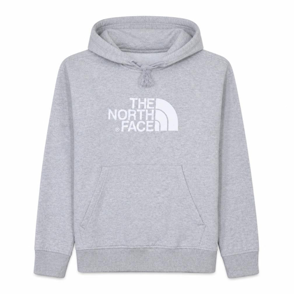 Front view of The North Face women’s grey pullover hoodie, size M, cotton blend