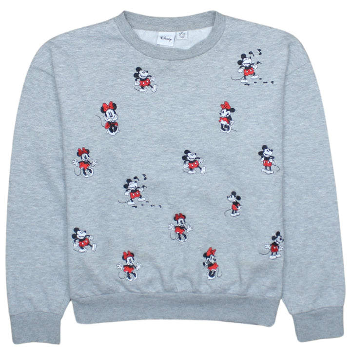 Disney Women Grey XS Sweatshirt Mickey & Minnie Embroidered Crew Neck