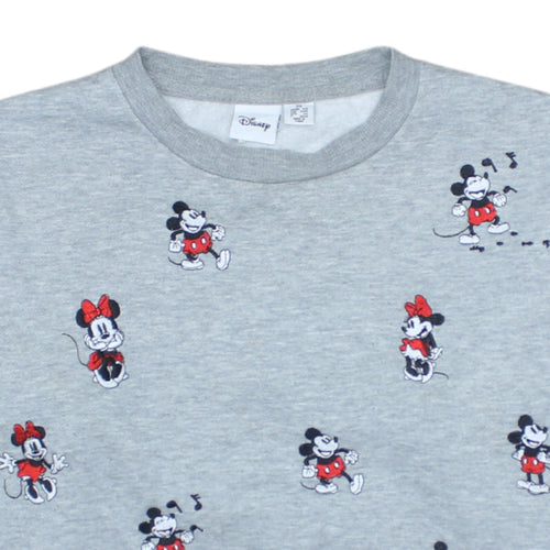 Disney Women Grey XS Sweatshirt Mickey & Minnie Embroidered Crew Neck