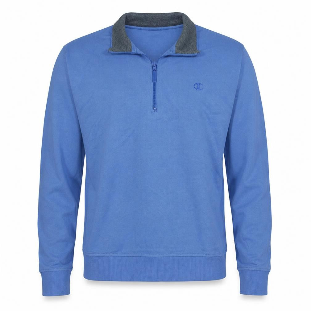 Front view of Champion men’s blue 1/4 zip organic cotton sweatshirt large