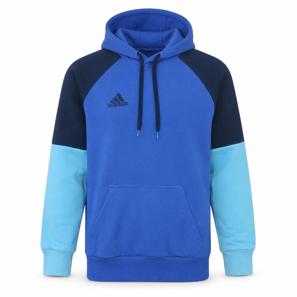 Front view of Adidas Men's Blue Pullover Hoodie Medium Hooded Logo Sweatshirt