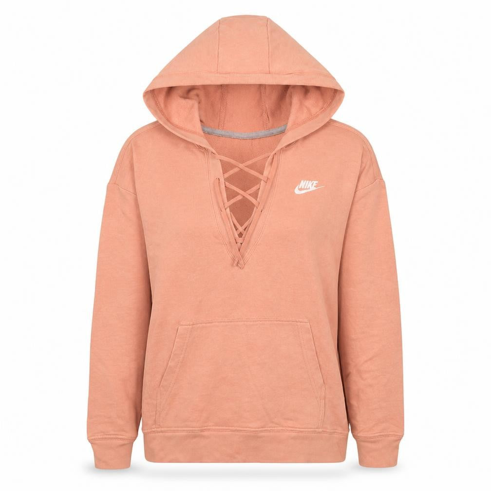 Front view of Nike women’s pink lace up pullover hoodie xs cotton blend
