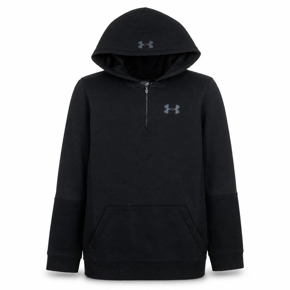 Front view of Under Armour boys’ black yxl 1/4 zip hoodie threadborne coldgear
