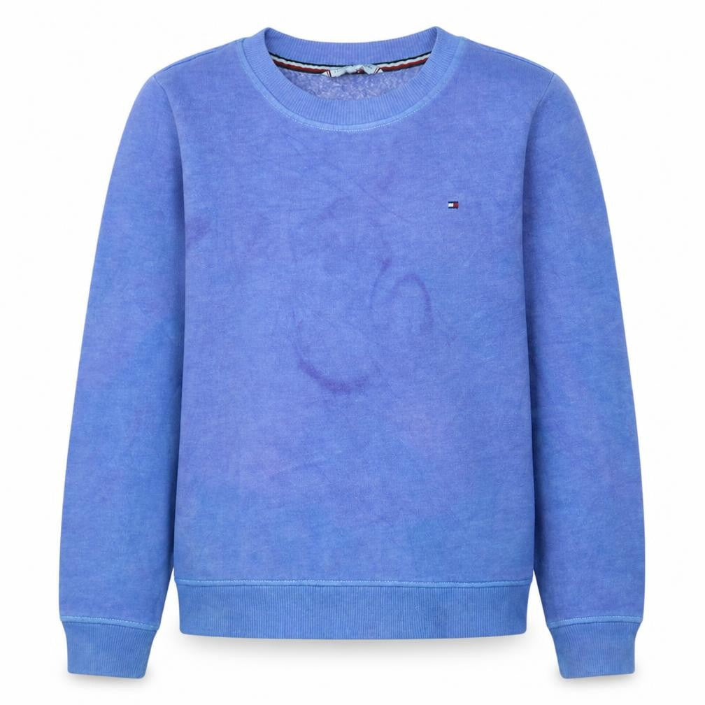 Front view of Tommy Hilfiger boys’ blue crew neck pullover sweatshirt, size S