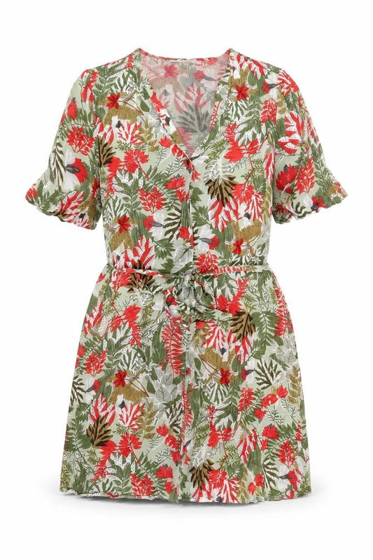 Front view of Next women’s multicoloured floral short wrap dress, size UK 12
