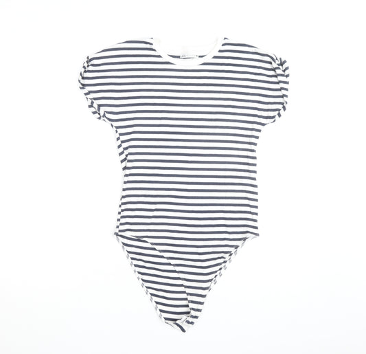 Zara Women Navy Stripe Bodysuit L Short Sleeve Crew Neck Casual