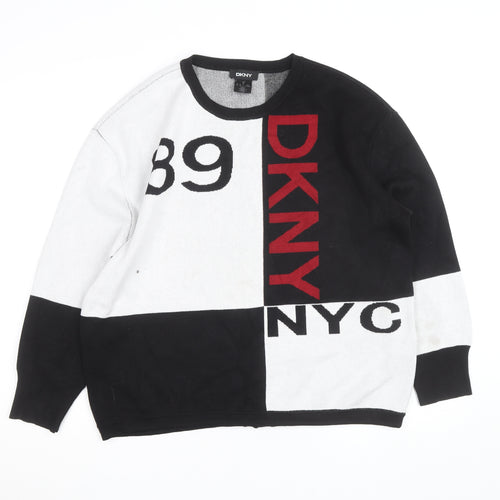 DKNY Women Black White Geometric Crew Neck Pullover Jumper Medium