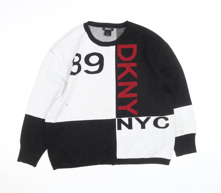 DKNY Women Black White Geometric Crew Neck Pullover Jumper Medium