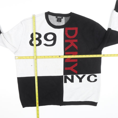 DKNY Women Black White Geometric Crew Neck Pullover Jumper Medium