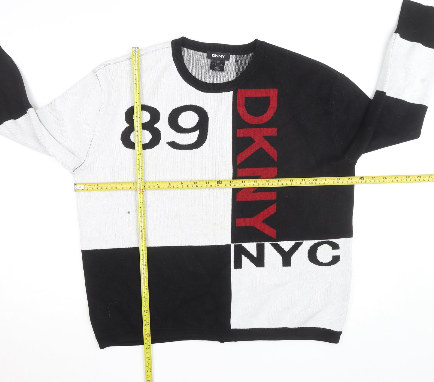 DKNY Women Black White Geometric Crew Neck Pullover Jumper Medium