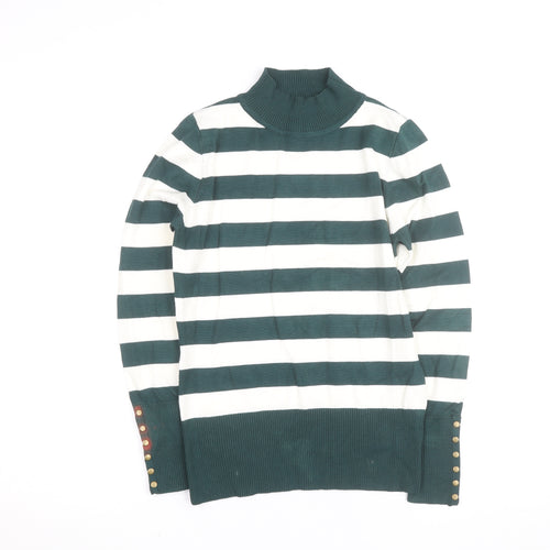 P-M Womens Green White Striped Roll Neck Jumper M Long Sleeve Knit