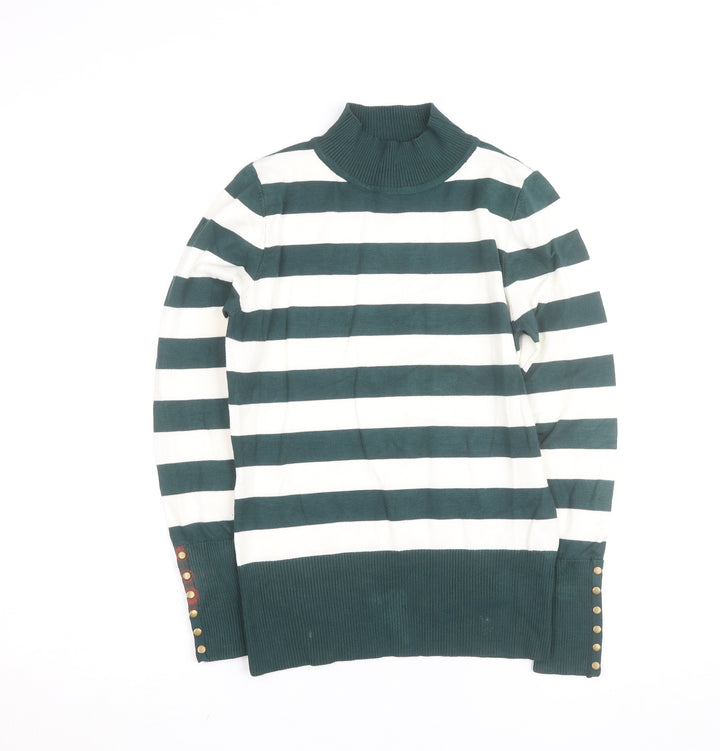 P-M Womens Green White Striped Roll Neck Jumper M Long Sleeve Knit