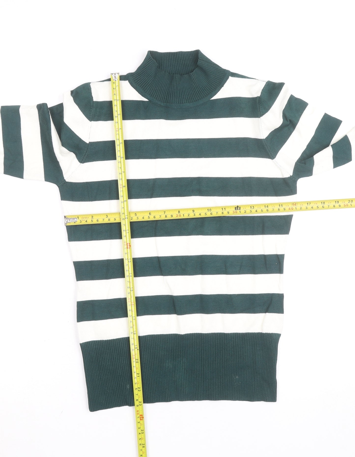 P-M Womens Green White Striped Roll Neck Jumper M Long Sleeve Knit