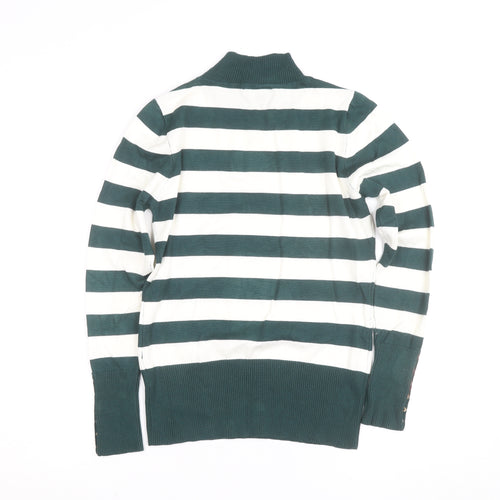 P-M Womens Green White Striped Roll Neck Jumper M Long Sleeve Knit