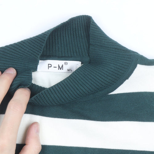 P-M Womens Green White Striped Roll Neck Jumper M Long Sleeve Knit