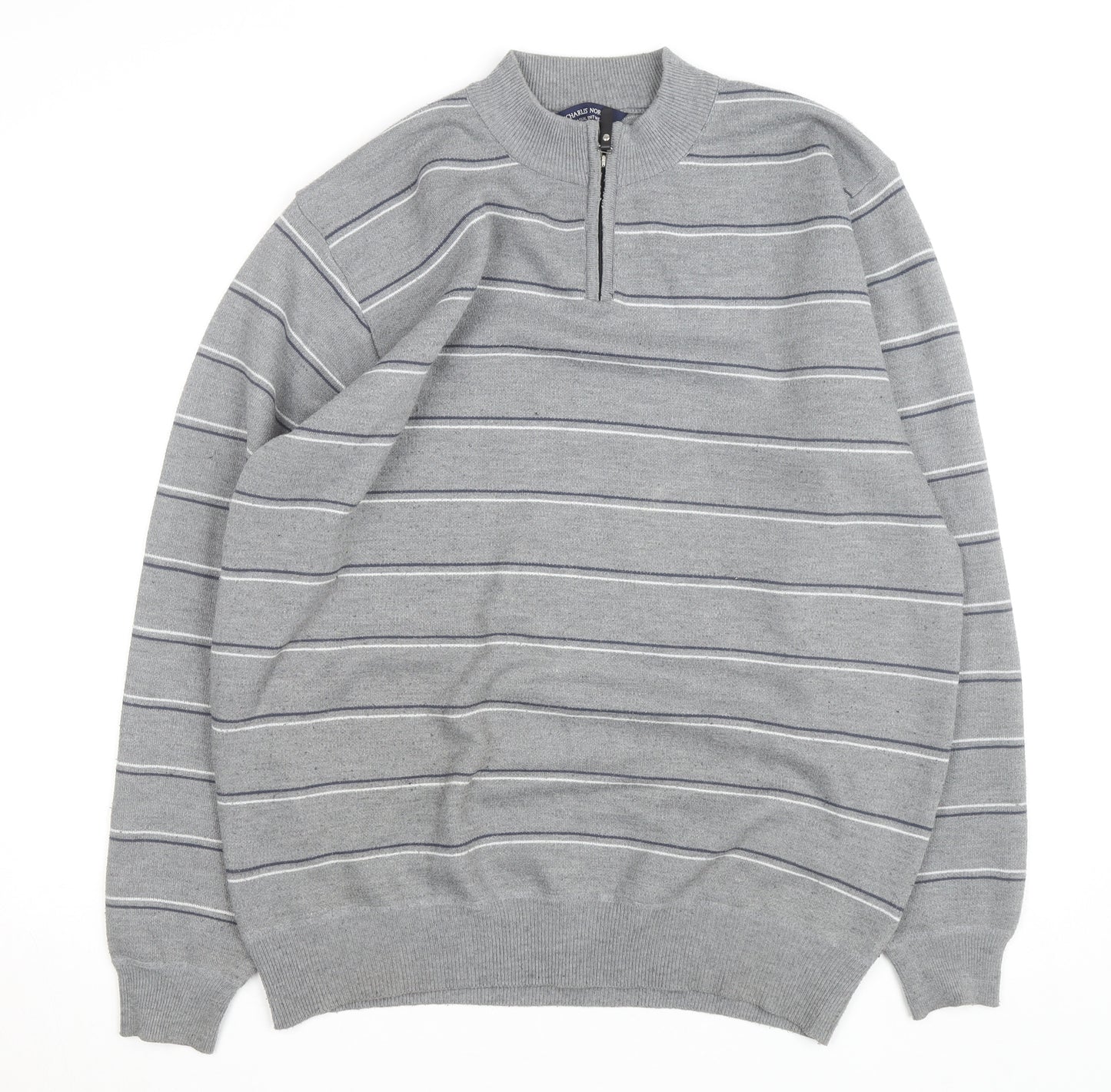 Charles Norton Men’s Grey 2XL Striped Half Zip Acrylic Jumper