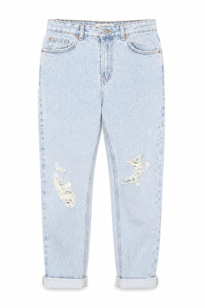 Front view of Primark Denim Co Women Light Blue Distressed Mom Jeans, size 8