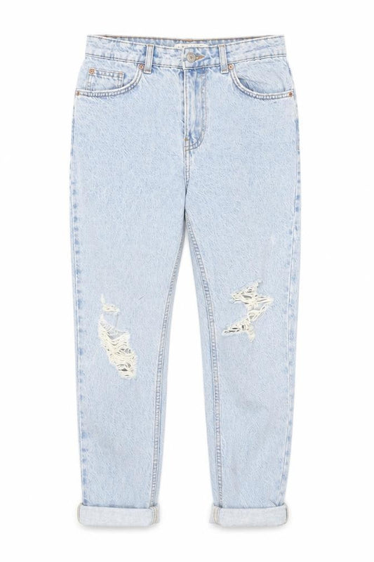 Front view of Primark Denim Co Women Light Blue Distressed Mom Jeans, size 8