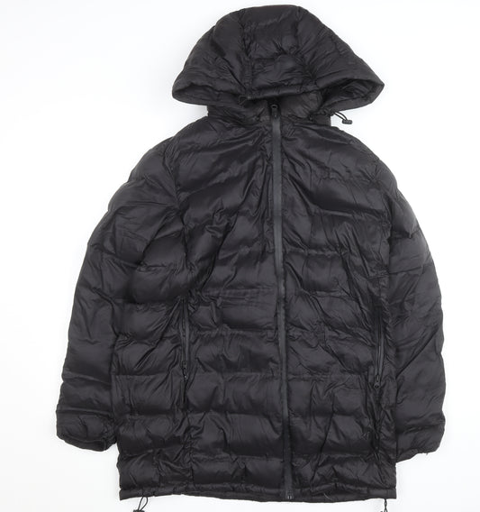 Zara Women’s Black Puffer Jacket Size 14 Hooded Long Lightweight Winter Coat