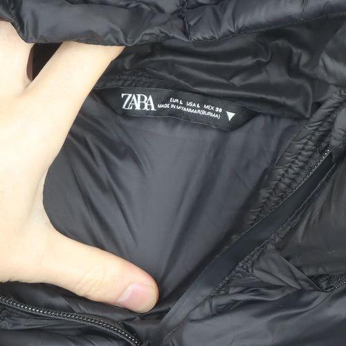 Zara Women’s Black Puffer Jacket Size 14 Hooded Long Lightweight Winter Coat