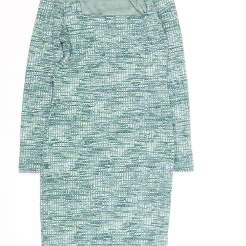 Primark Women’s Green Bodycon Knit Dress Size 8 Long Sleeve Square Neck