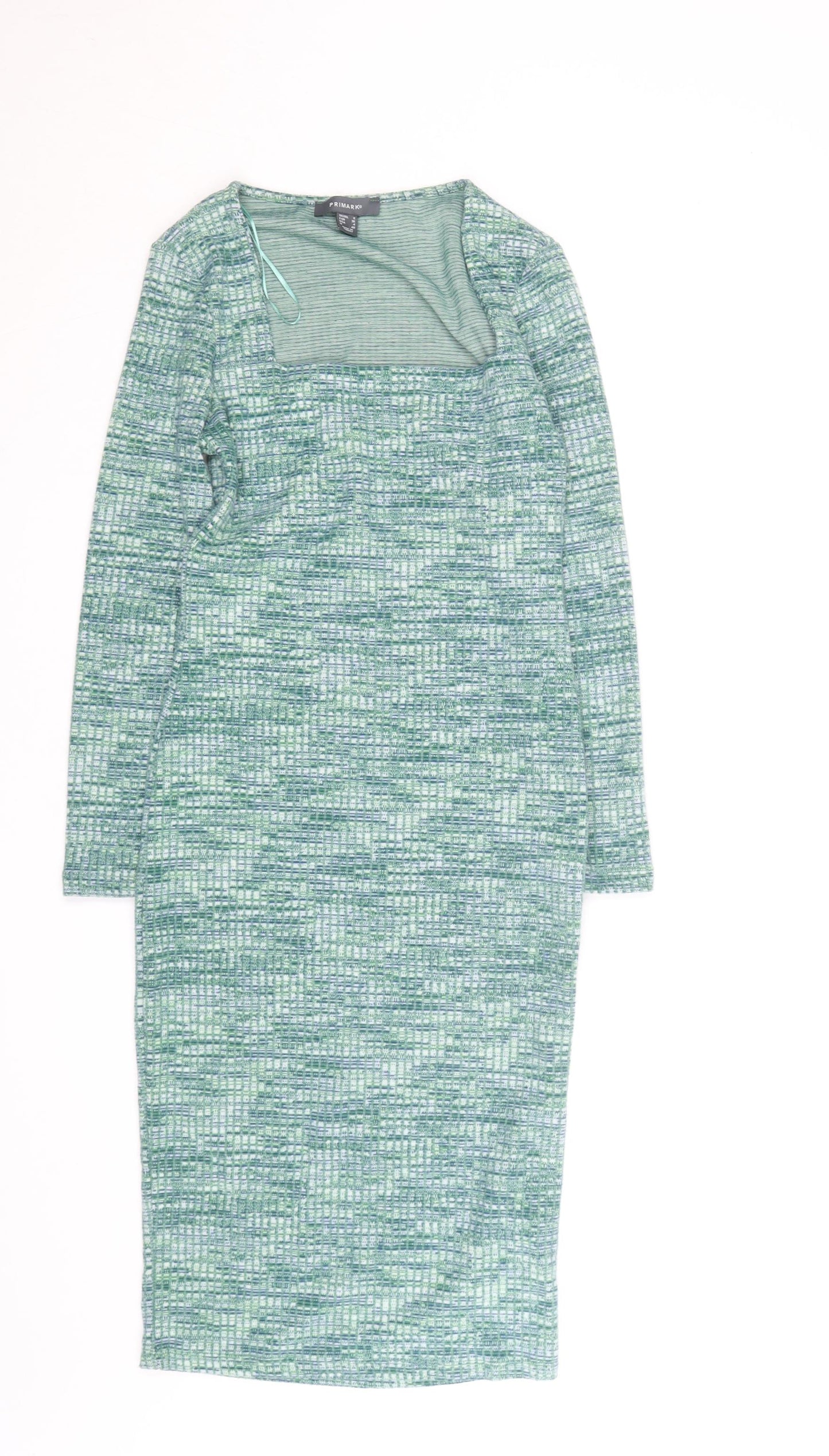 Primark Women’s Green Bodycon Knit Dress Size 8 Long Sleeve Square Neck