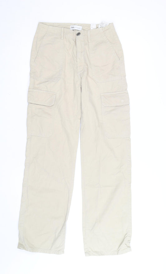 Zara Women Beige Cargo Trousers Size 12 Cotton Casual Pockets